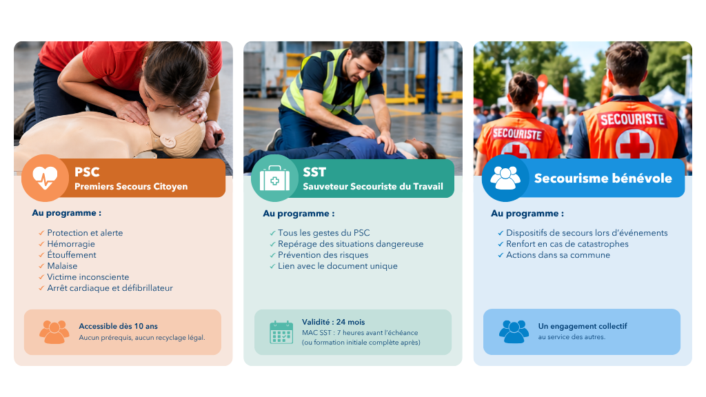 Infographie présentant trois formations aux premiers secours : PSC, SST et secourisme bénévole.