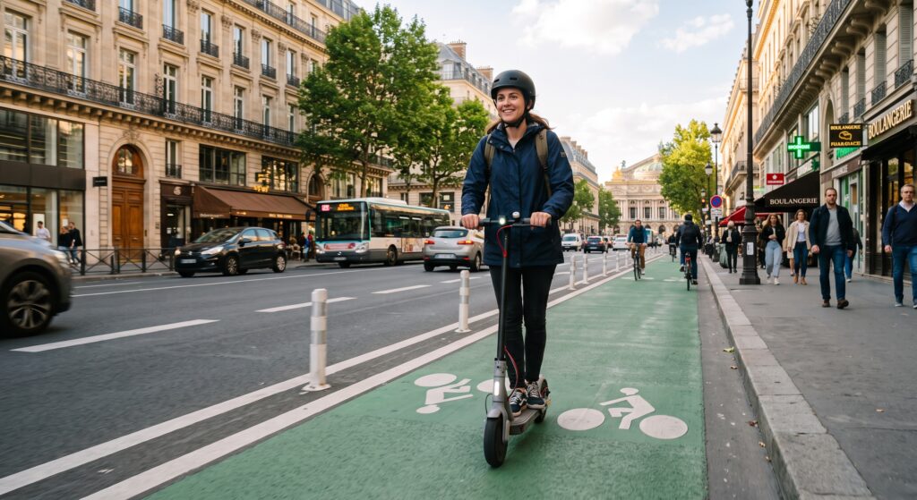 Conductrice de trottinette électrique circulant sur une piste cyclable en ville