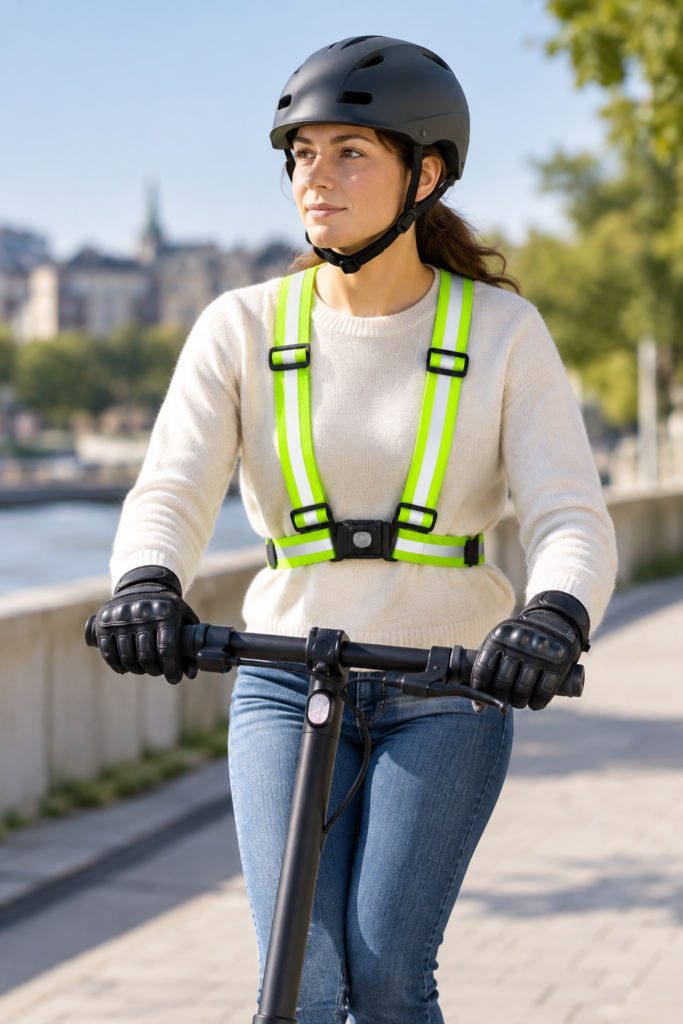 Conductrice d’EDPM portant un casque, des gants et un harnais haute visibilité